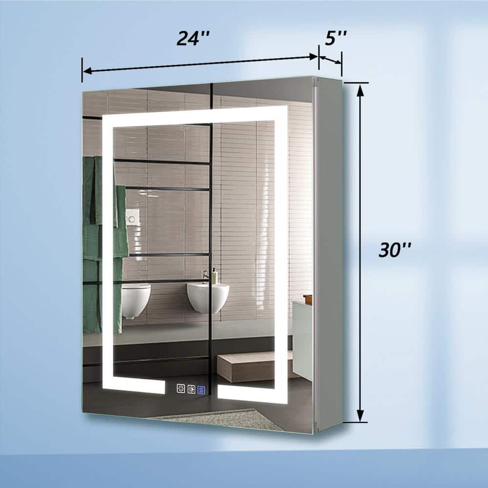 ExBrite 24 in W x 30 in H Rectangular Silver Aluminum RecessedSurface Mount Left Dimmable Medicine Cabinet with Mirror