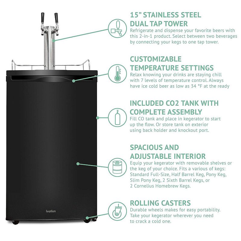 Ivation Full Size Kegerator， Dual Tap Draft Beverage Dispenser and Universal Beer Cooler