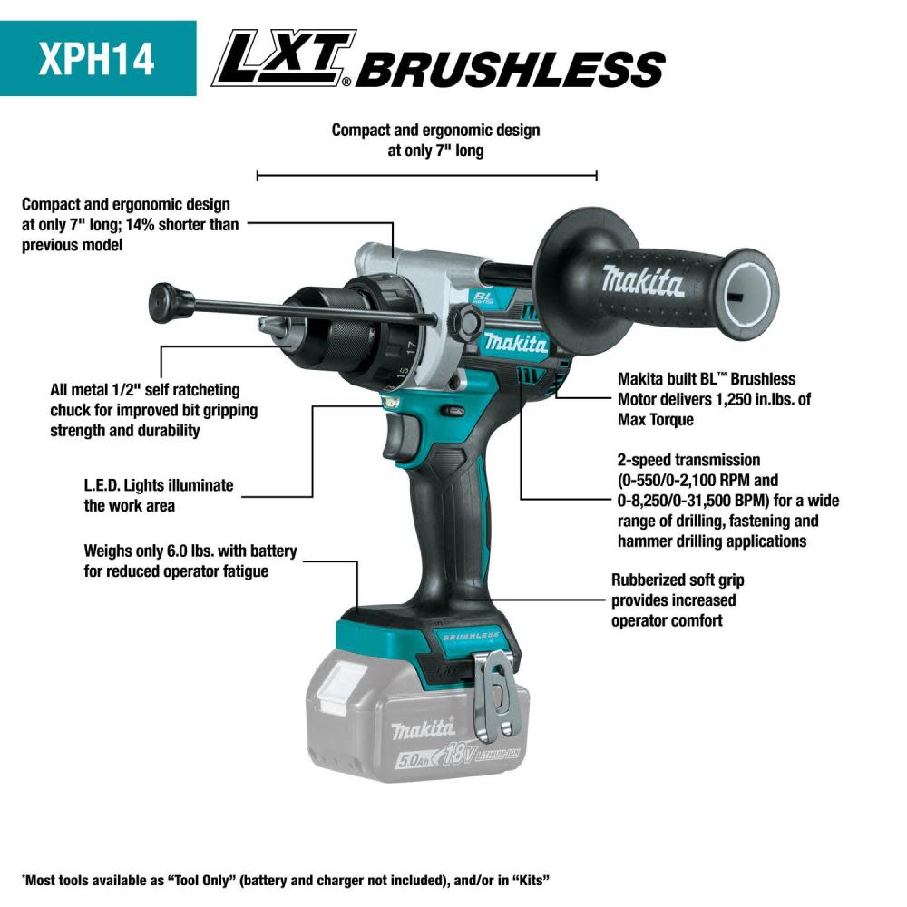 Makita 18V LXT® Lithium-Ion Brushless Cordless 1/2 Hammer Driver-Drill Bare Tool ;