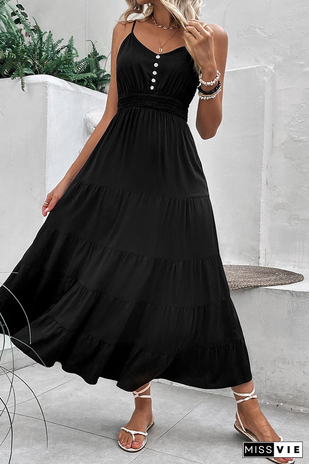 Black V Neck Buttoned Smocked Waist Maxi Dress