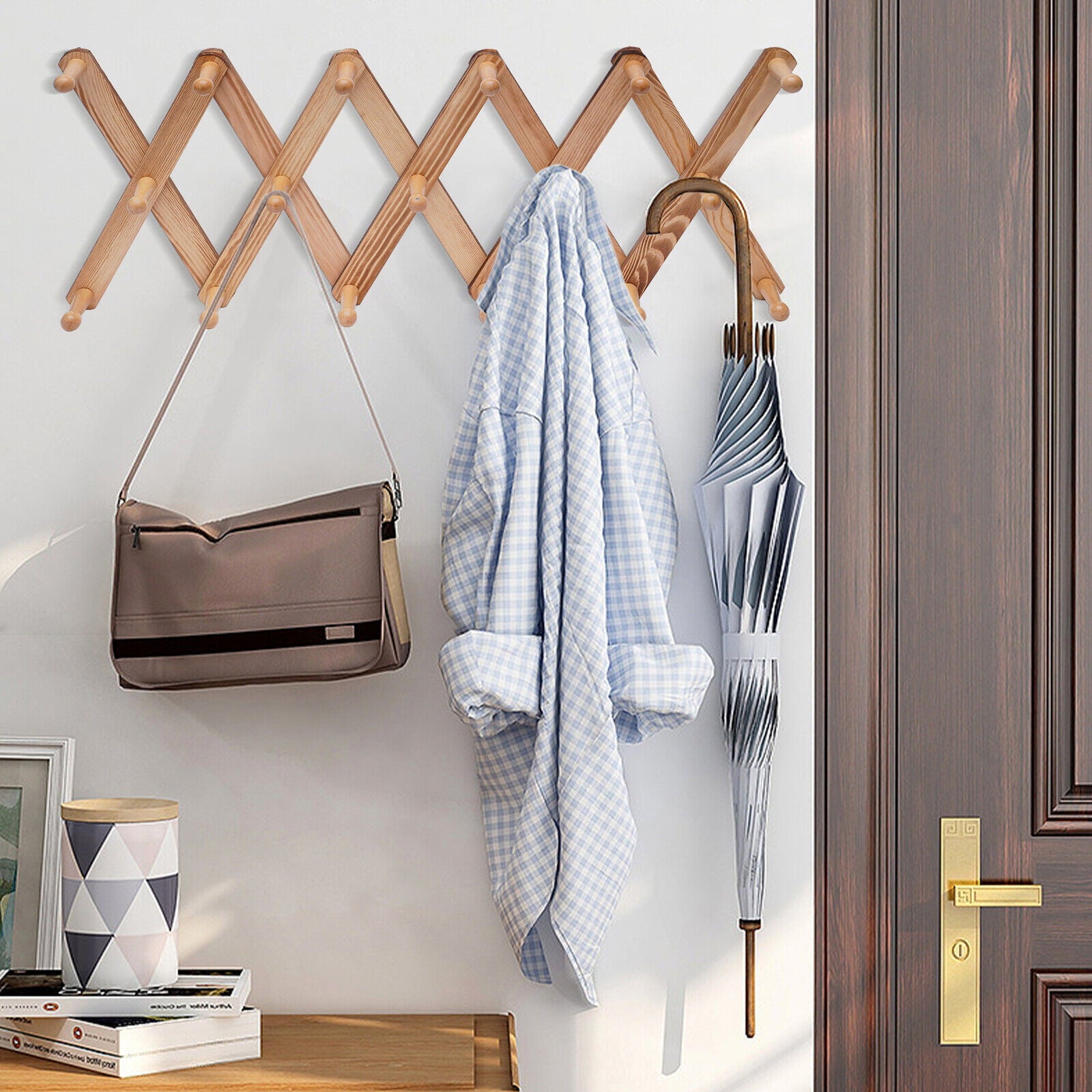 Wall Hanger Wall Expandable Coat Rack Hat Rack Wooden Accordion Design 17 Hooks Wall Hanger Expandable Coat Rack Modern Wooden X-shape Clothes Hanger 17 Hooks Wall Hanger Wooden Wall-Mounted Coat Rack