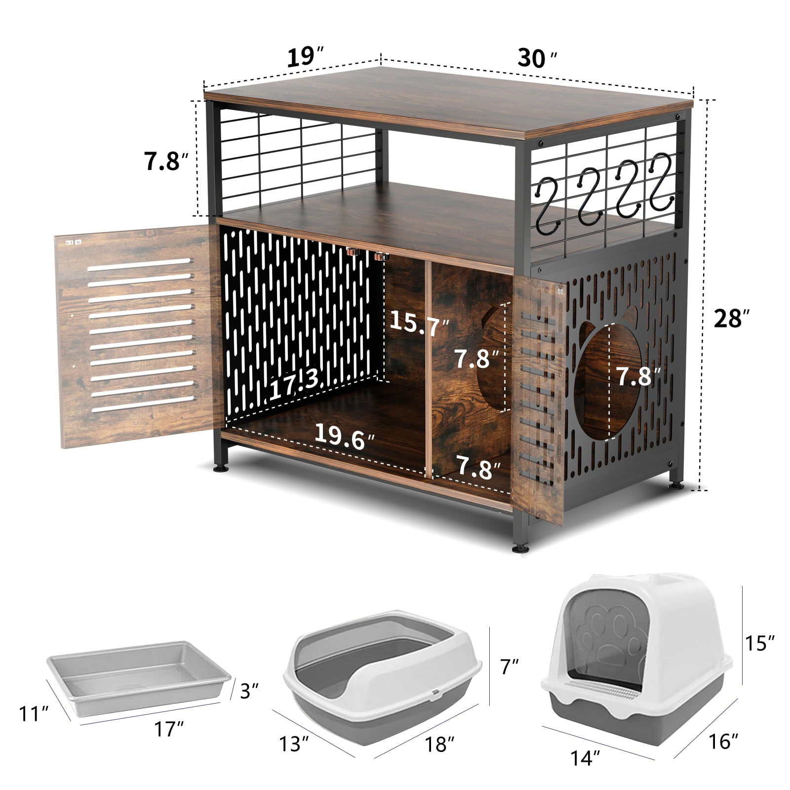 NAIZEA Cat Litter Box Furniture Hidden Pet Crate with Iron and Wood Sturdy Structure-Brown