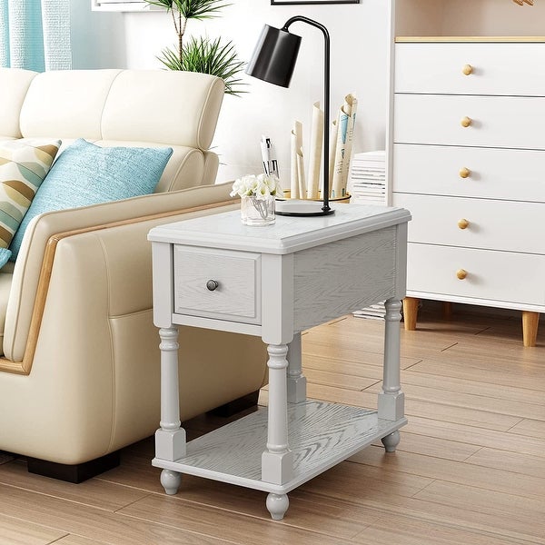 End Table with Drawer， Solid Wood 2 Tier End Side Table