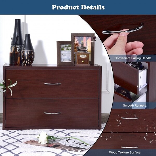 2-Drawer Dresser Horiztonal Organizer End Table Nightstand with Handle Wood-Brown - - 33999242