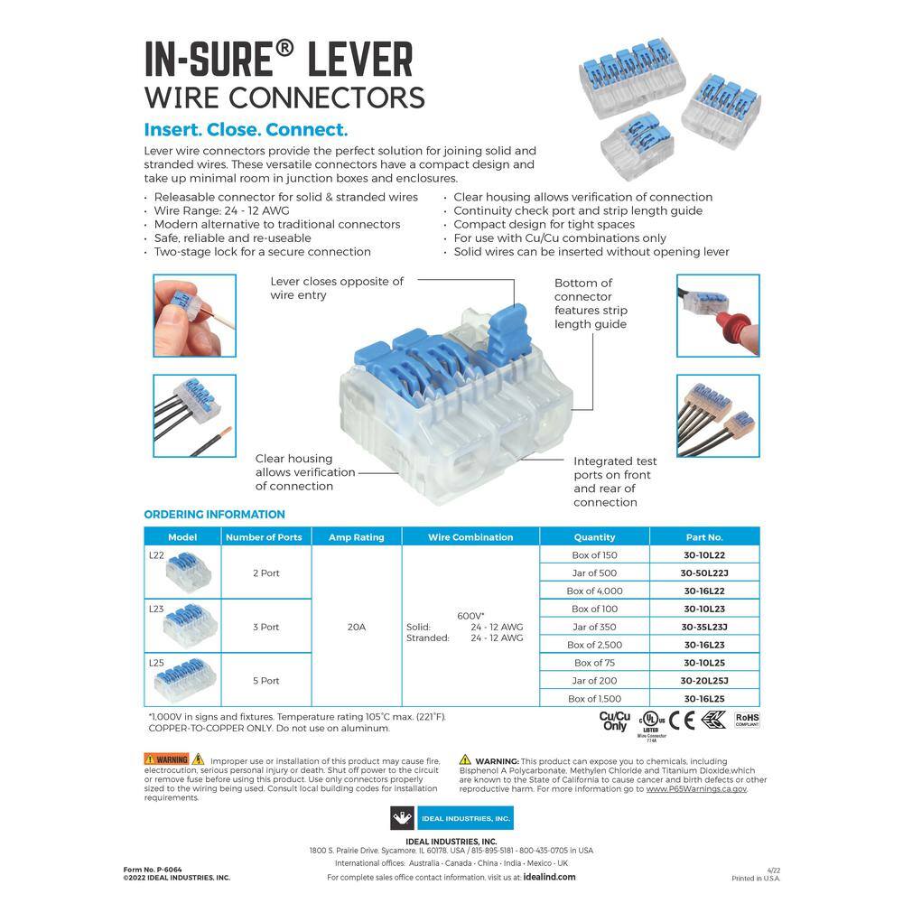 IDEAL In-Sure 3-Port Lever Wire Connector (50Bag) 30-05L23