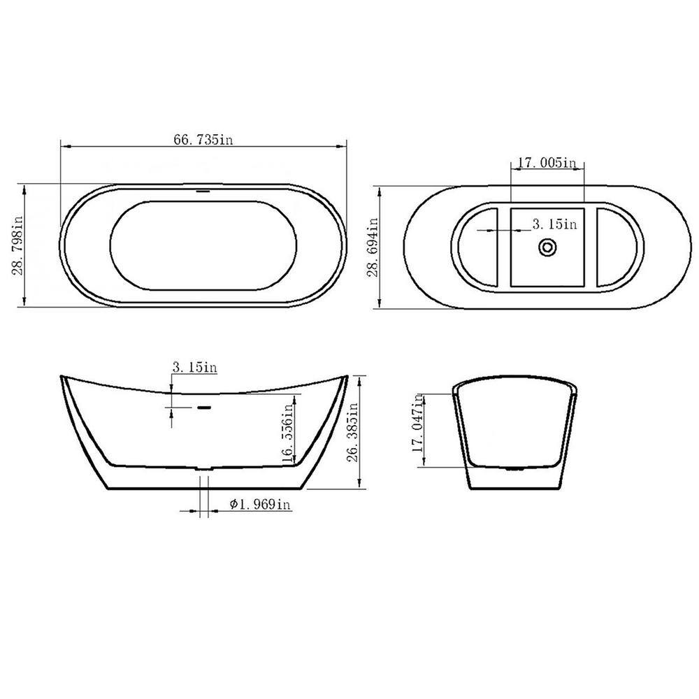 AKDY Freestanding 67 in. Fiberglass Double Slipper Flatbottom Modern Stand Alone Non-Whirlpool Bathtub in Glossy Black BT0093