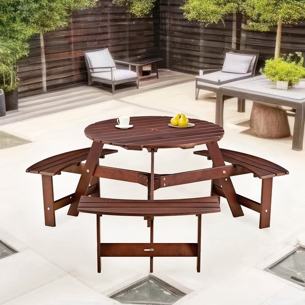 Outdoor Round Picnic Table Set with Builtin Benches and Umbrella Hole