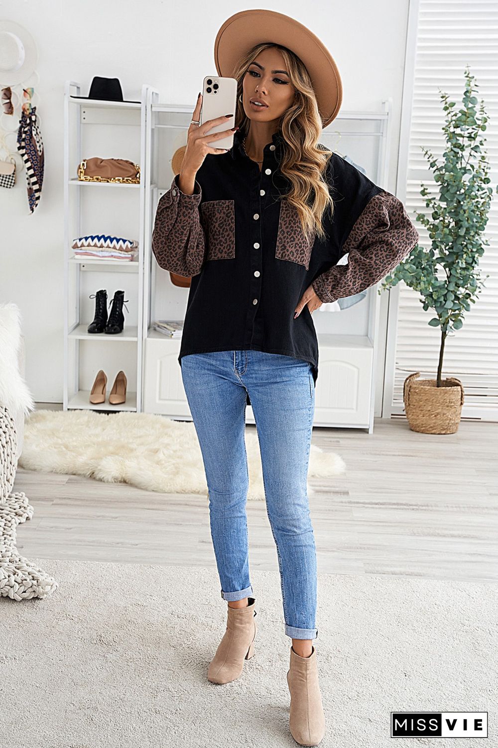 Black Contrast Leopard Denim Jacket