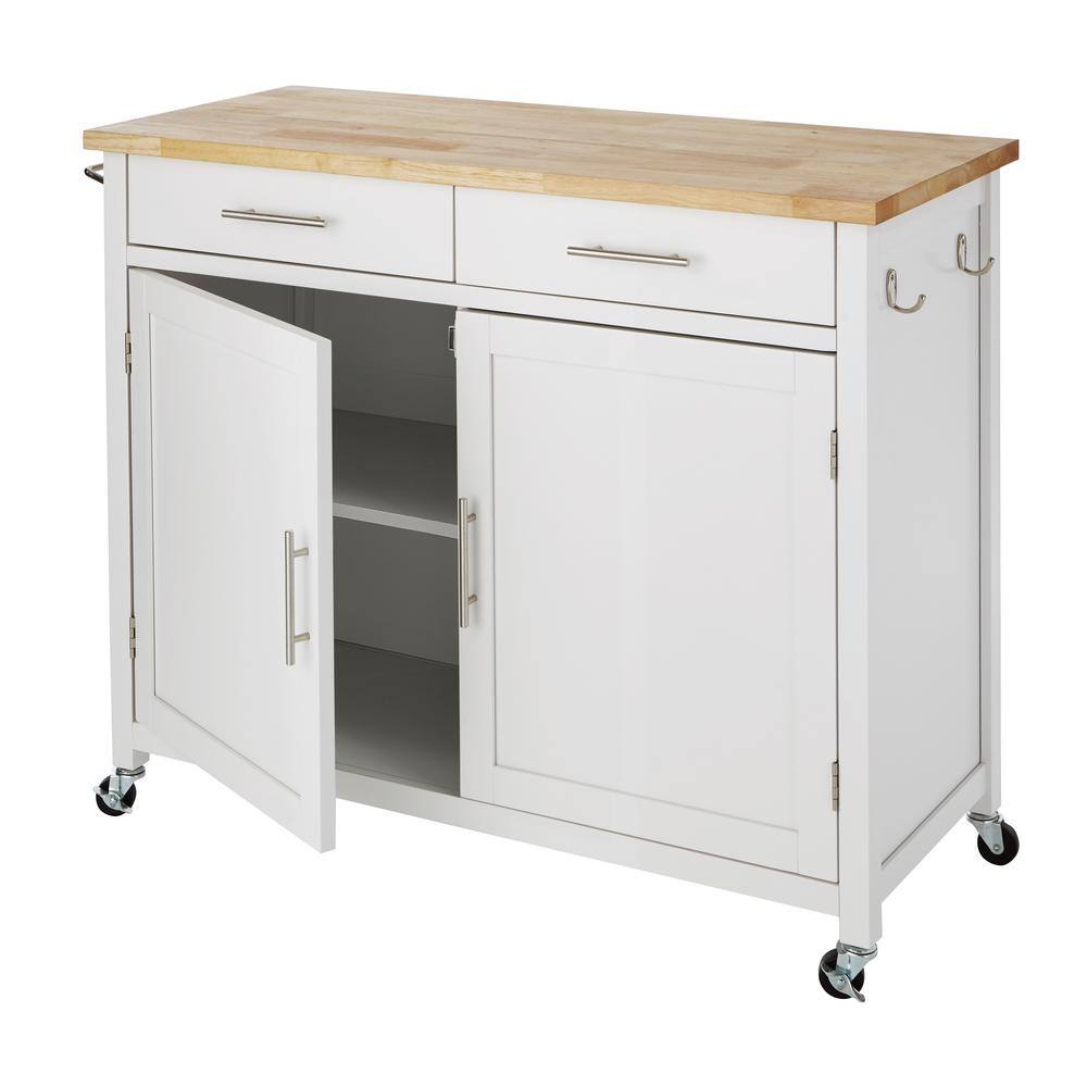 StyleWell Glenville Cream White Rolling Kitchen Cart with Butcher Block Top and Double-Drawer Storage (42