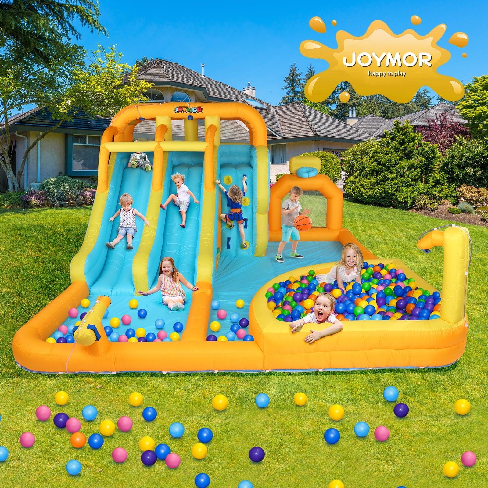 JOYMOR 8-in-1 Inflatable Water Slide Park w/ Splash & Deep Pool, Double Long Water Slides, Climbing Wall, Giant Blow up Bounce House for Kids  Backyard Party Age 3-12 (Included 750w Blower)