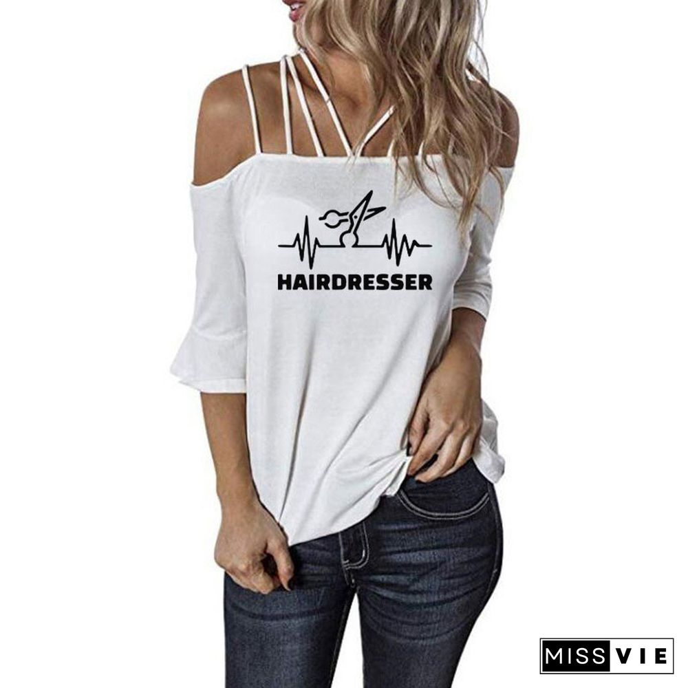 New Fashion Summer Heartbeat Hairdresser T Shirt Women Casual Cotton Short Sleeve GirlsShoulderSling Tee Tops