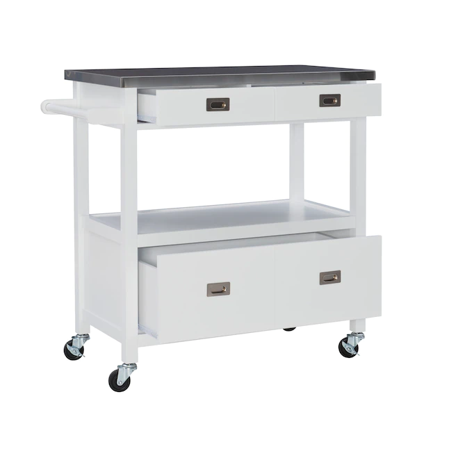 Linon KI106WHT01U White Wood Base with Stainless Steel Metal Top Rolling Kitchen Cart (37.5-in x 18-in x 36-in)