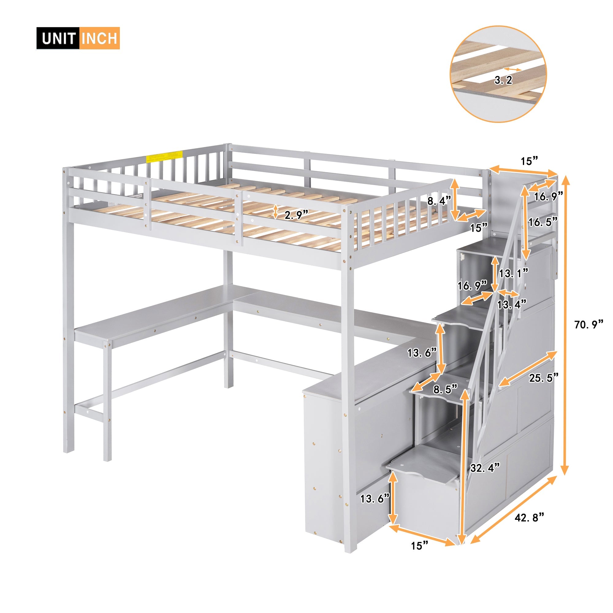 Wood Full Loft Bed with Desk, Shelf and Storage Staircase for Kids, Gray