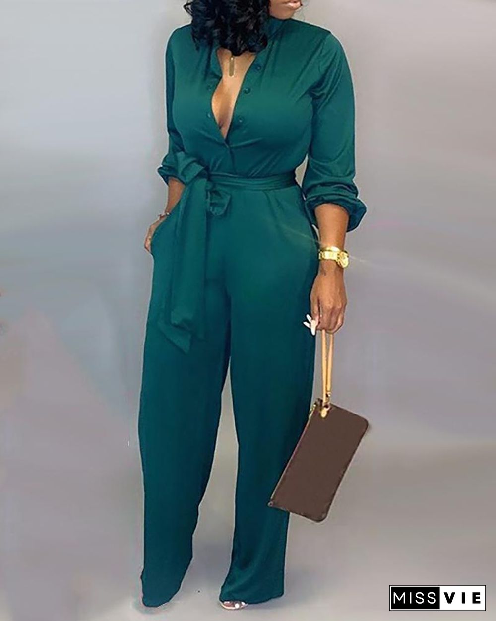 Solid Buttoned Pocket Casual Jumpsuit