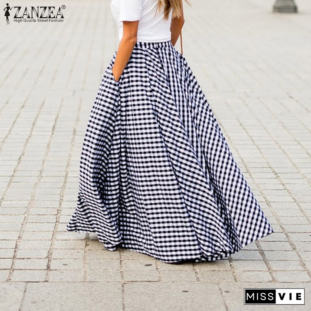 Zanzea Womens A-Line Plaid Summer Pockets Long Skirts Gonna Donna