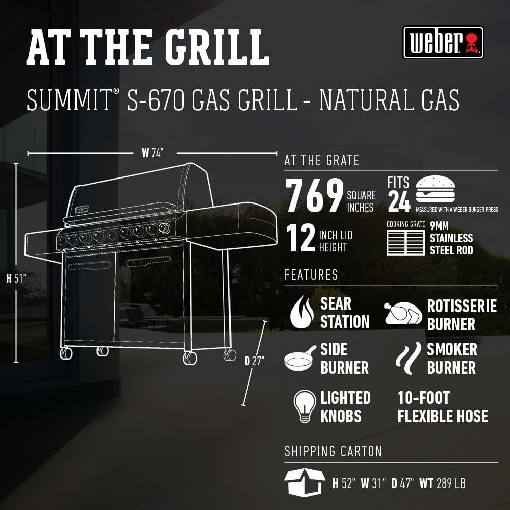 Weber Summit S-670 6-Burner Natural Gas Grill in Stainless Steel with Built-In Thermometer and Rotisserie 7470001