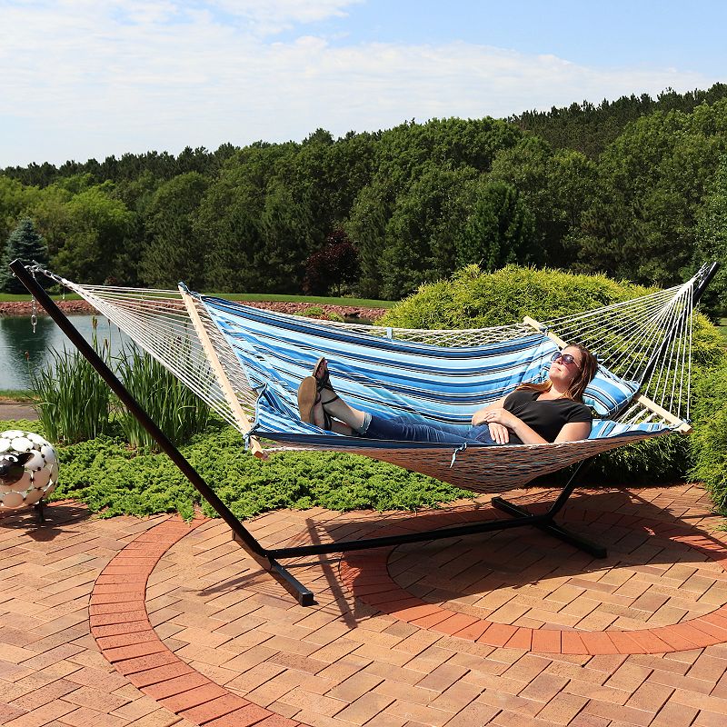 Sunnydaze Rope Hammock with Pad and Pillow Set and 12' Stand