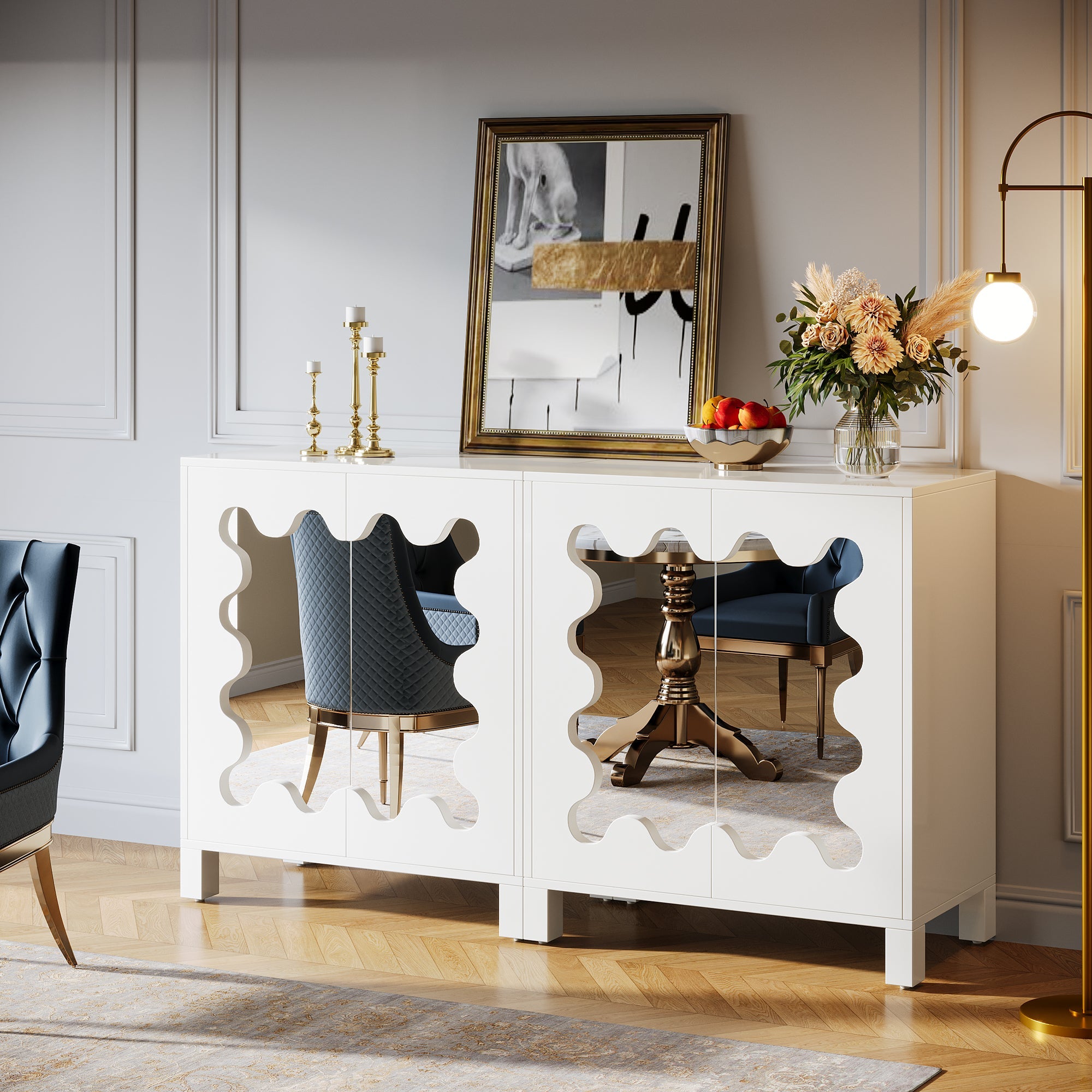 59 Sideboard Buffet, Kitchen Storage Cabinet Console Table with Mirror Doors