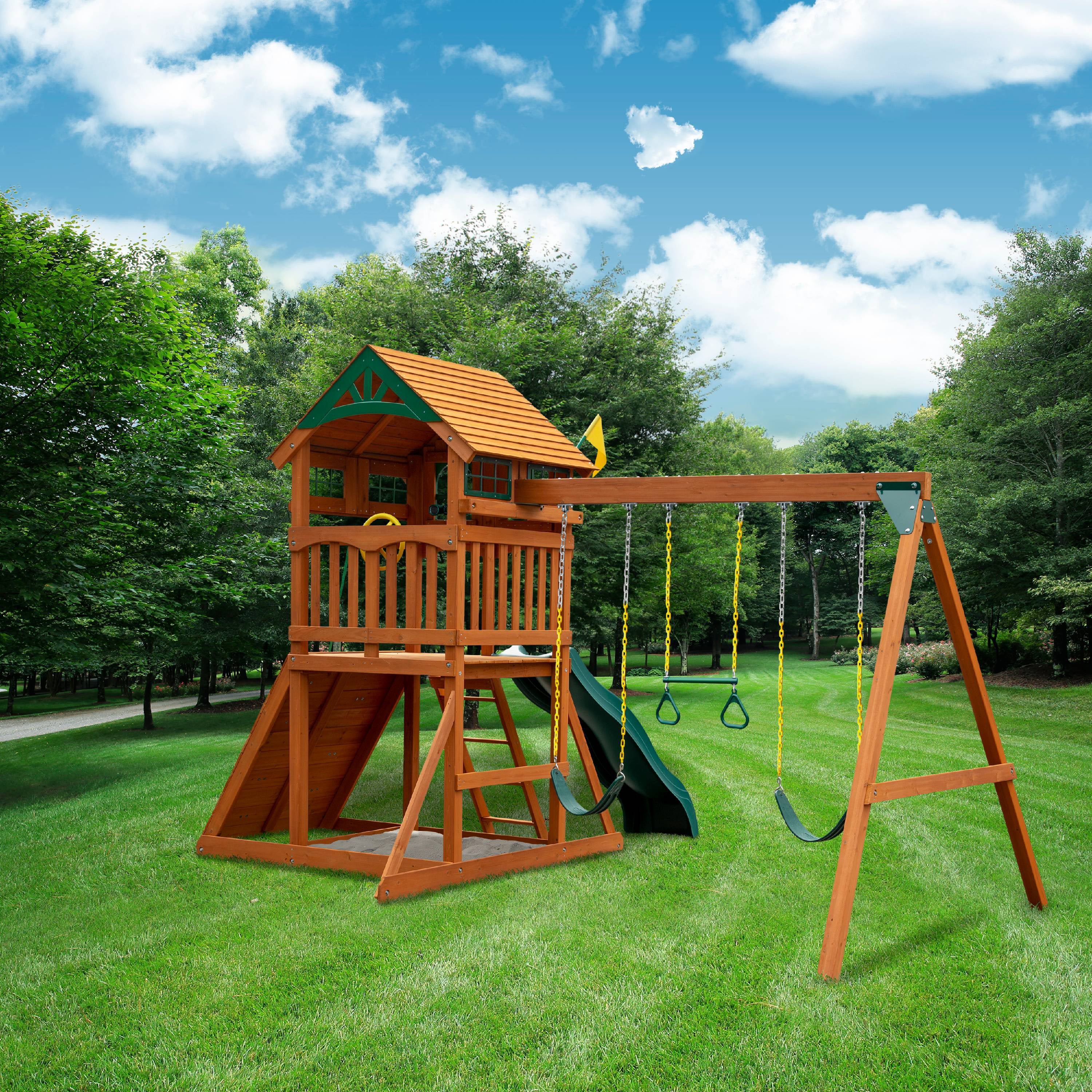 Gorilla Playsets Avalon 01-1078 Wood Swing Set with Wood Roof， Rock Wall， and Slide， Amber