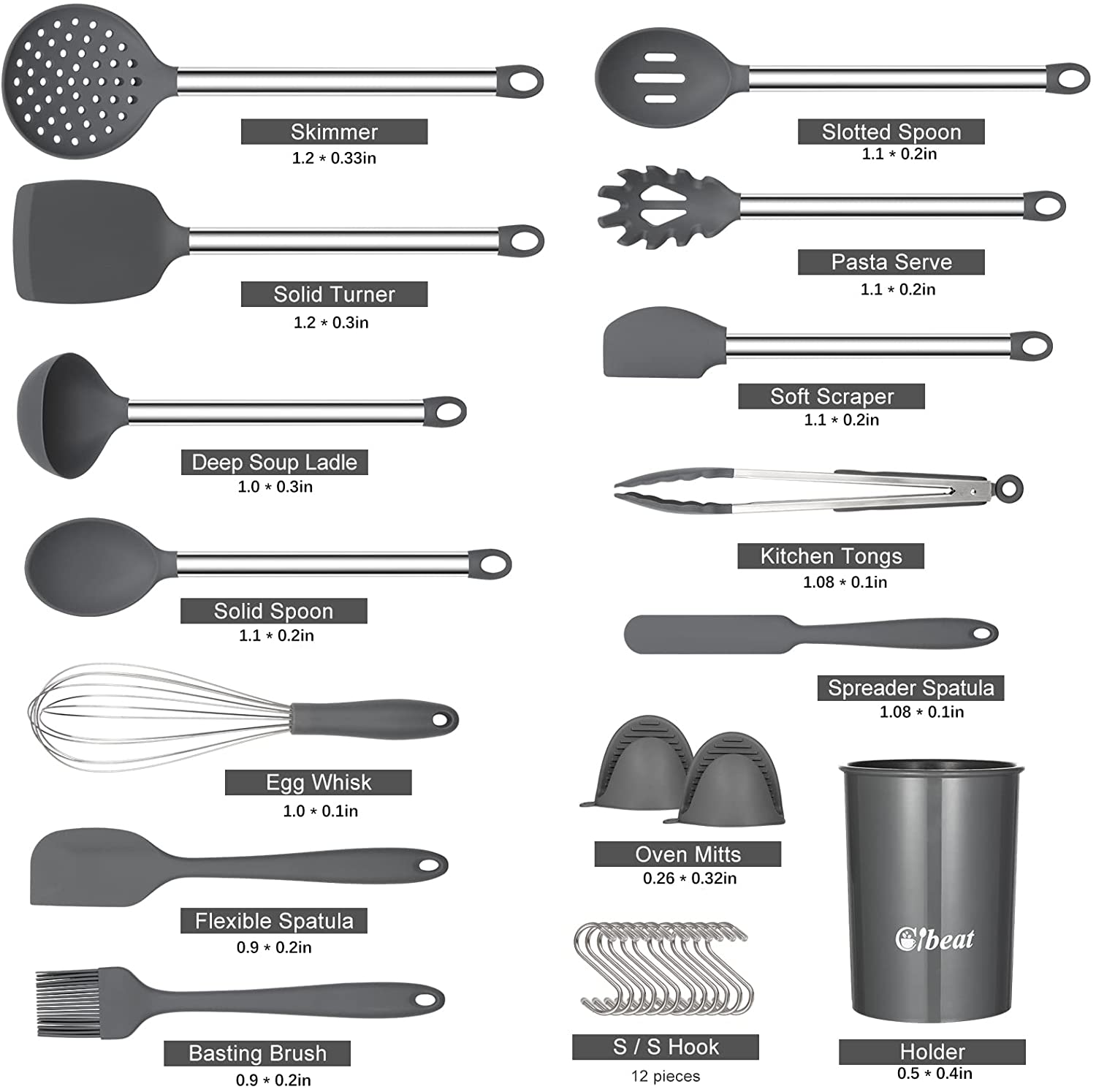 Cibeat Kitchen Cooking Utensil Set, 27 Pcs Non-Stick Silicone Utensils, Silicone Cookware with Stainless Steel Handle, Cookware Kitchen Tools Set, Gray