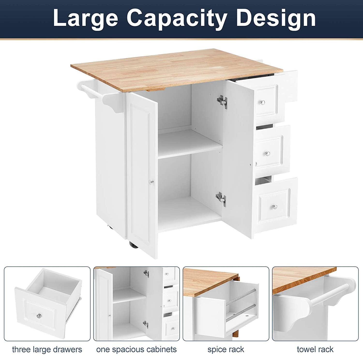 Rolling Kitchen Island Cart with Storage，Wood Tabletop Kitchen Cart w/ 2 Wheels， Trolley Cart Utility Cabinet， Towel Rack， Spice Rack， White