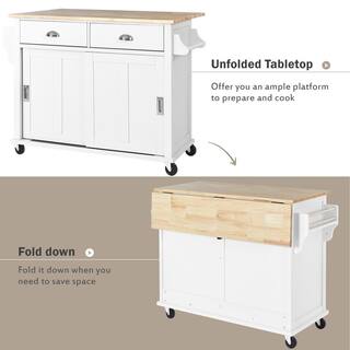 White Rubberwood Drop-Leaf Countertop 52.2 in. Kitchen Island Cart Sliding Barn Door with Storage and 2-Drawer EC-KIWW-9161