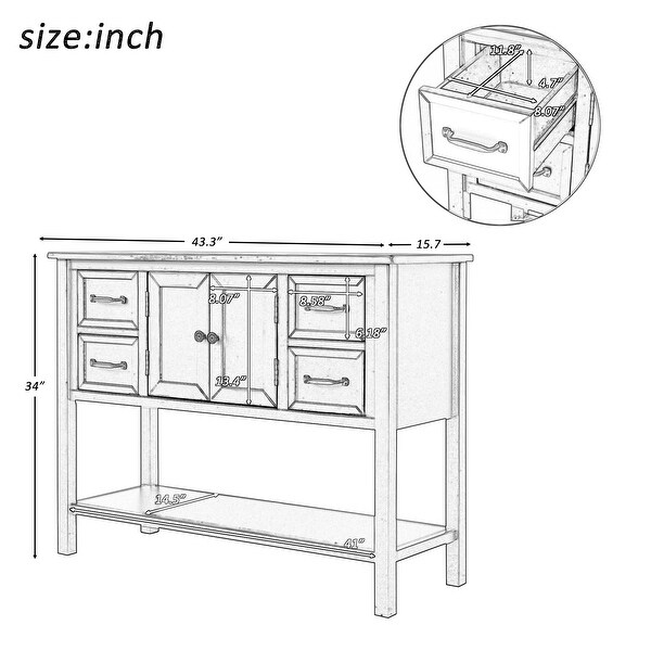 Console Table with 4 Drawers， 1 Cabinet and 1 Shelf