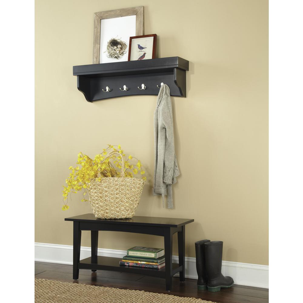 Alaterre Shaker Cottage Bench/Coat Hooks with Tray， Black