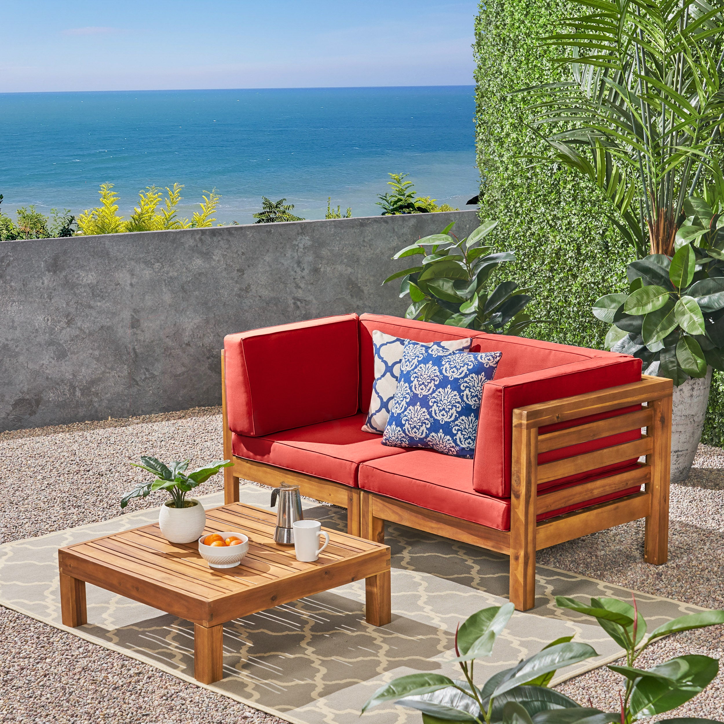 Dawson Outdoor Sectional Love Seat Set with Coffee Table - 3-Piece 2-Seater - Acacia Wood - Outdoor Cushions