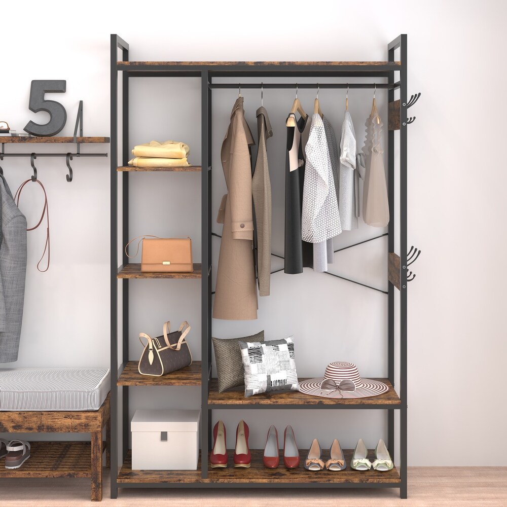 Free Standing Closet Organizer  Portable Garment Rack with Open Shelves and Hanging Rod  Black Metal Frame