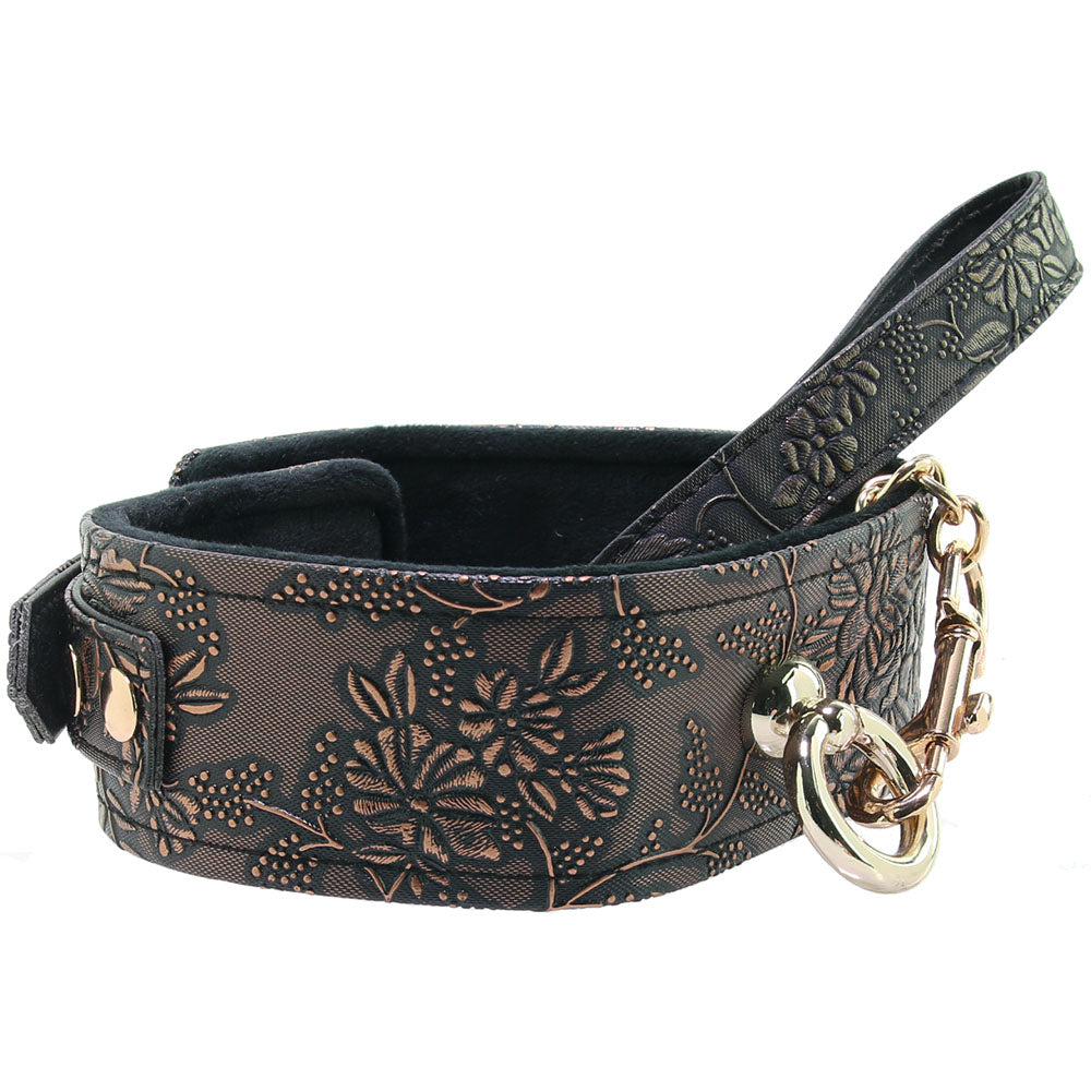 Lockable Lined Collar and Leash in Metallic Floral