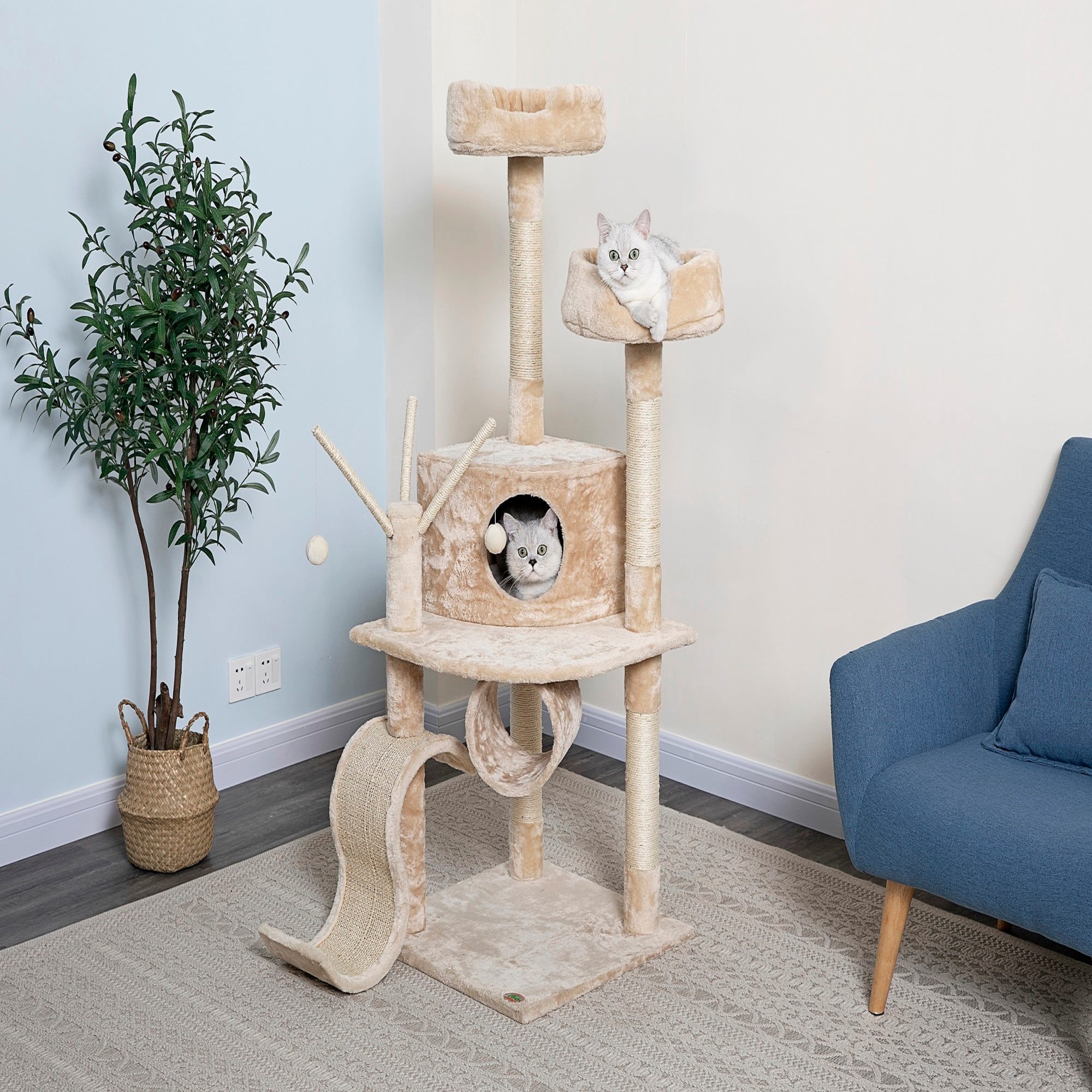 Go Pet Club Beige Cat Tree House with Dangling Toys and Slide， 55 H