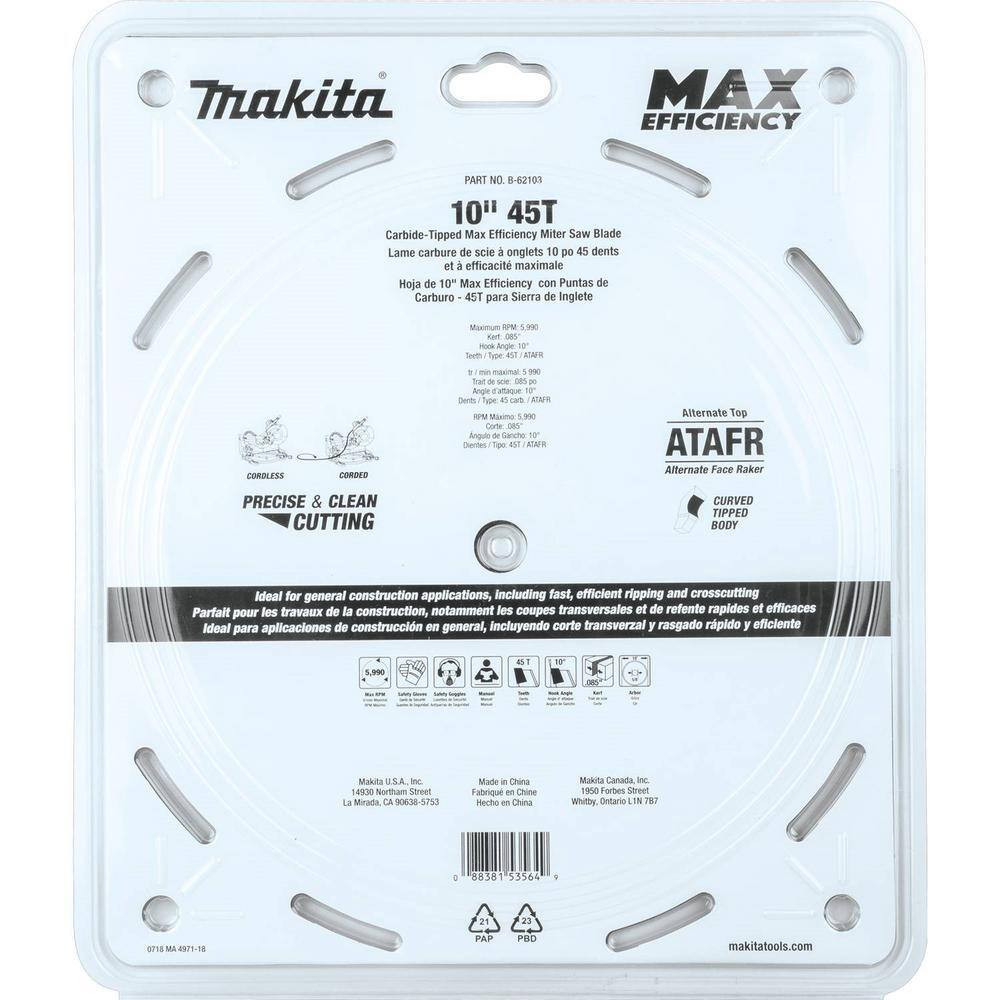 Makita 10 in. 45T Carbide-Tipped Max Efficiency Miter Saw Blade B-62103