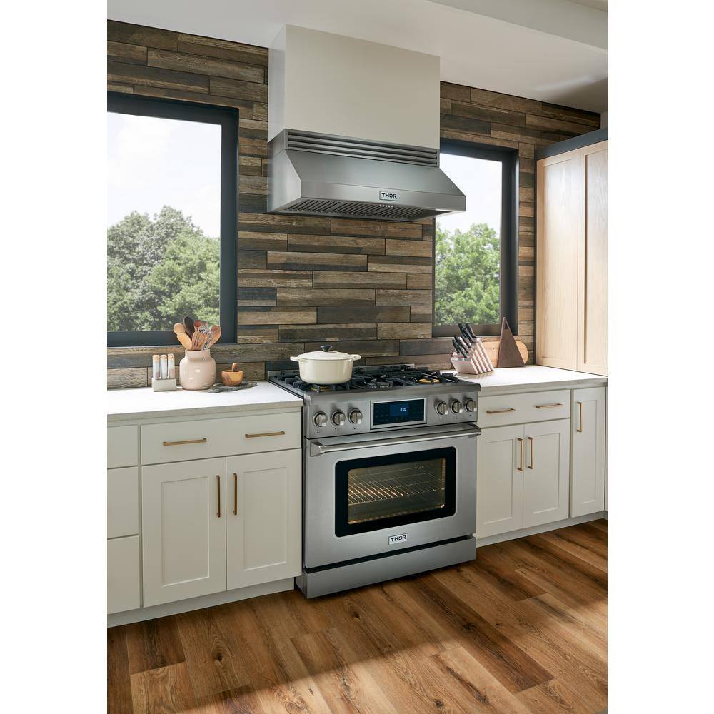 Thor Kitchen Tilt Panel 36-in 6 Burners Freestanding Gas Range with self-cleaning and air fry convection oven in. Stainless Steel TRG3601