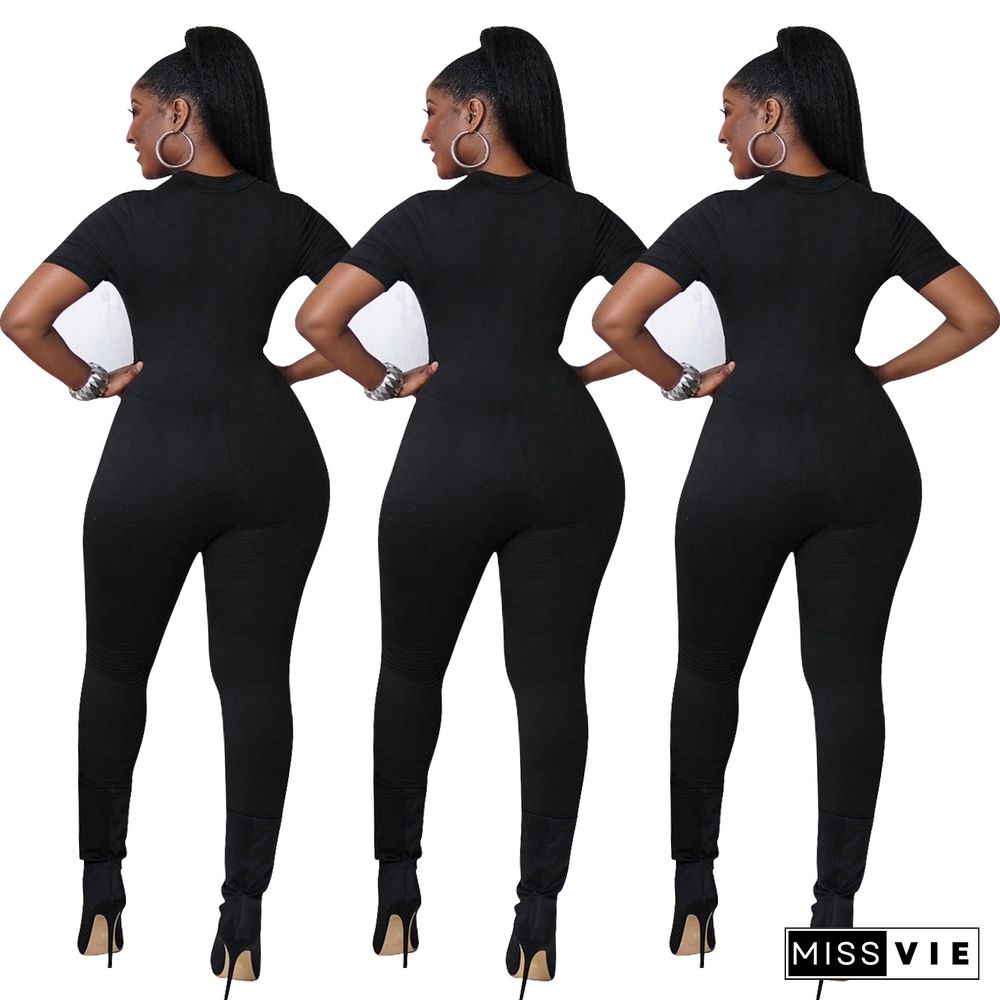 Black Active Wear Zipper Fitness Short Sleeve Jumpsuit