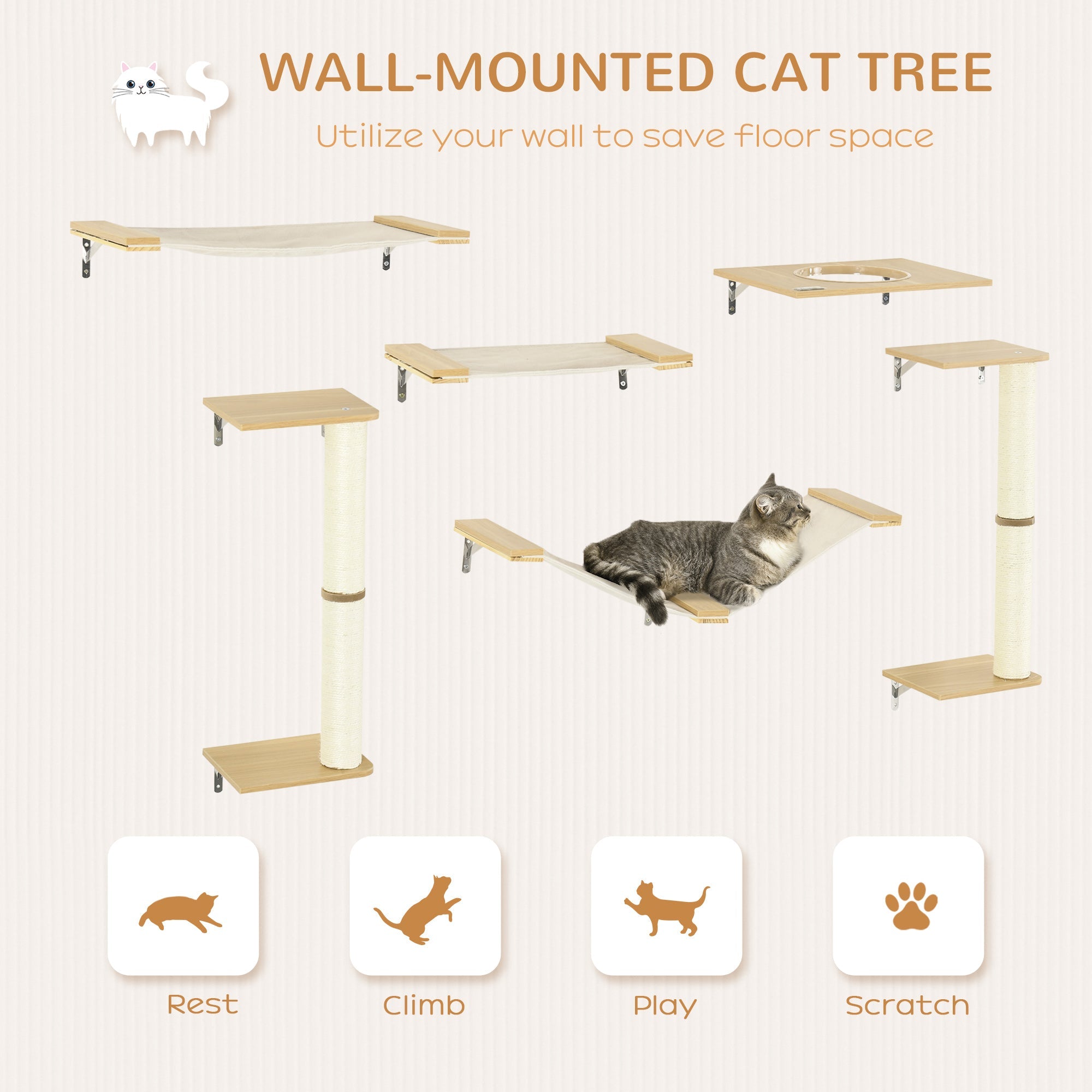 PawHut Unique Cat Tree Made From Cat Shelves with 8 Levels for More Height, Wall-Mounted Cat Tree Climbing Playground with Cat Hammocks, Modern Cat Tree