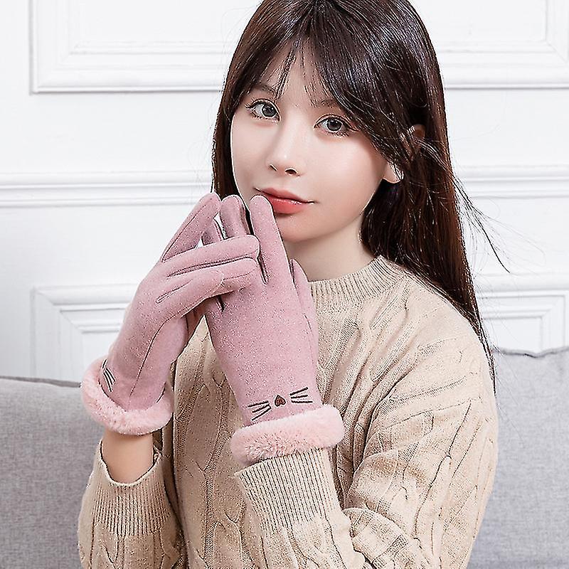 Women Winter Keep Warm Touch Screen Plus Velvet Inside Thicken Cartoon Cat Gloves Suede Villi Wrist Cute Lovely Style Soft2pcsgrey