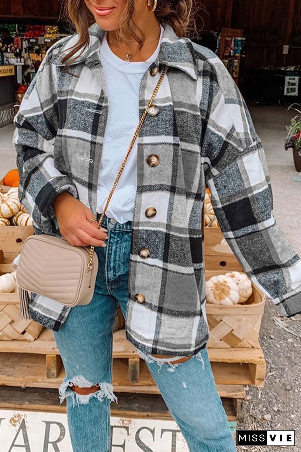 Plaid Shirts Long Sleeve Flannel Lapel Button Down Pocketed Shacket Jacket Coats