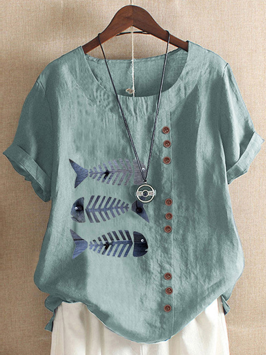 Round Neck Casual Loose Fish Print Short Sleeve Blouse