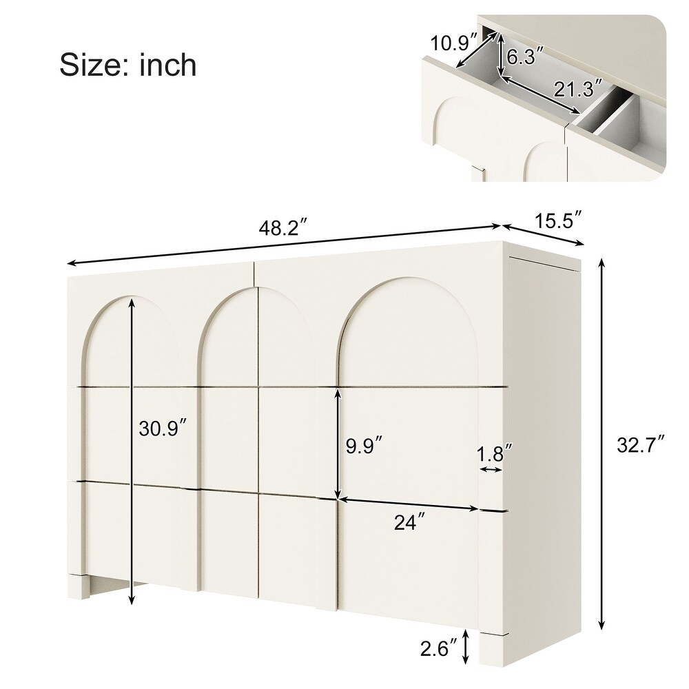 Modern White 6 Drawer Double Dresser Wooden Storage Chest of Drawers for Bedroom 48.2\