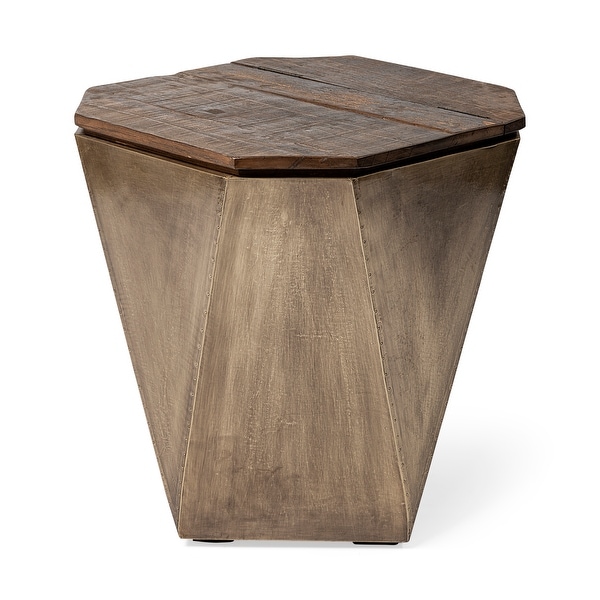 Esagono II Brass and Natural Wood Hinged-Top Hexagonal End/Side Table - 19.3L x 19.3W x 20.9H