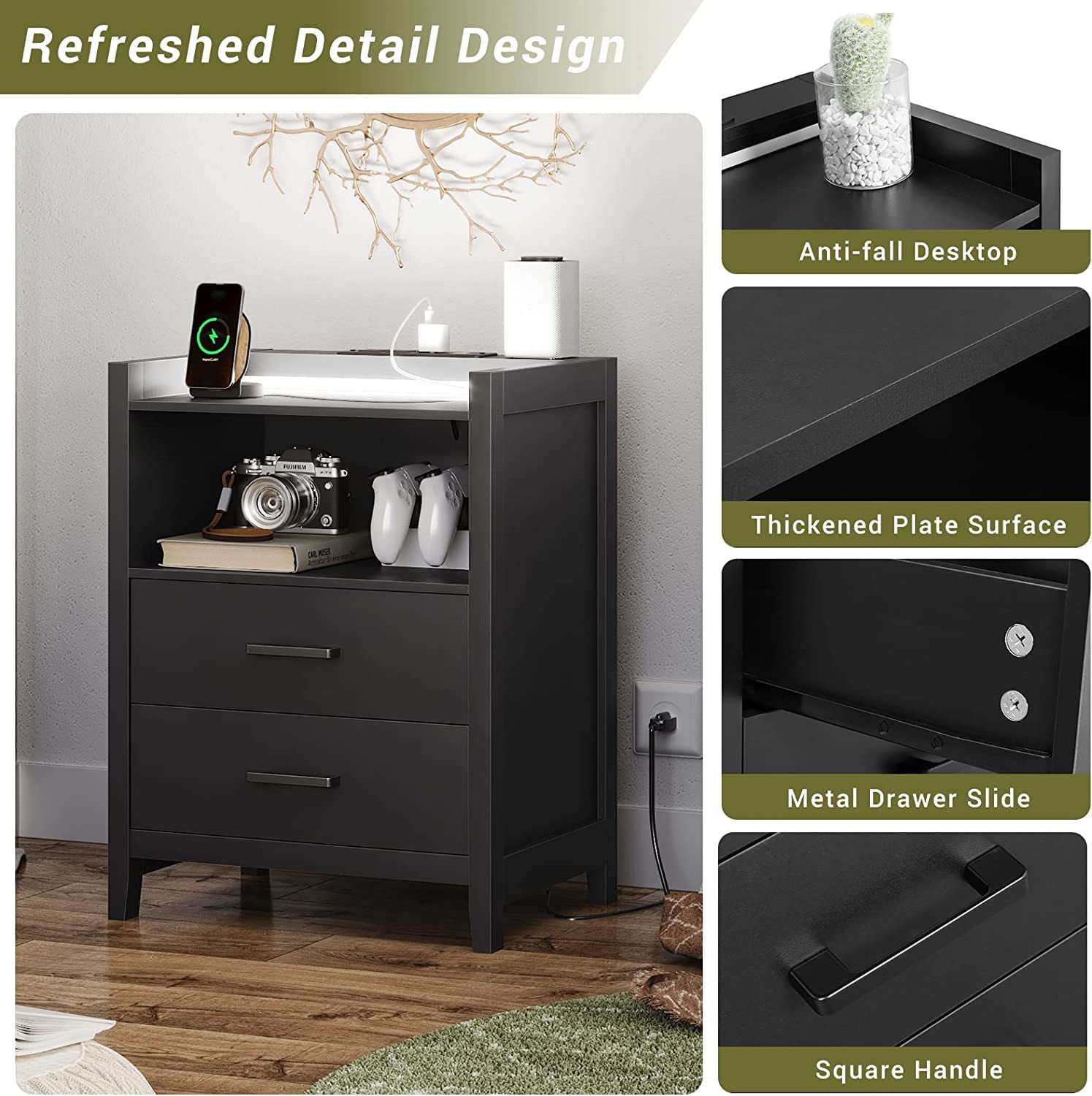 Black Nightstands for Bedroom with LED Light and Charging Station, 2 Drawers Bedside Table