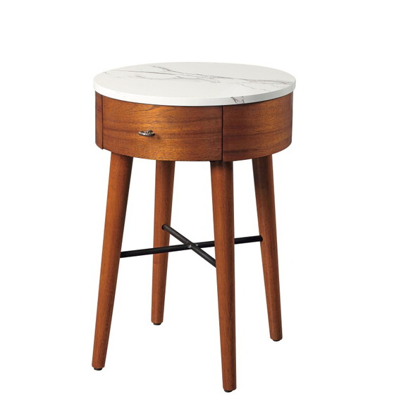 Walnut Finish 1pc Round End Table with Faux Marble...