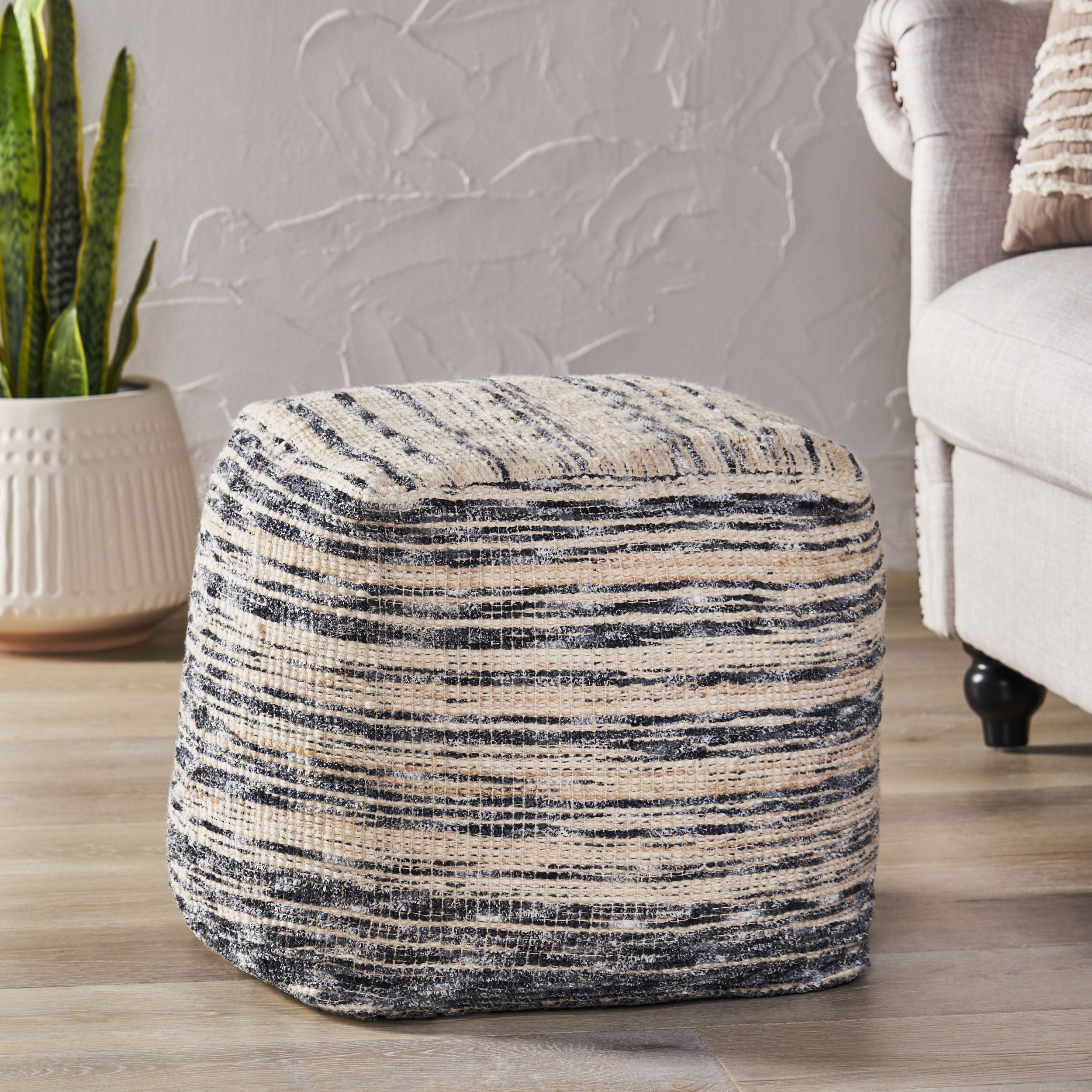 Ricketson Lazenby Boho Handcrafted Fabric Cube Pouf, Ivory, Gray, and Black