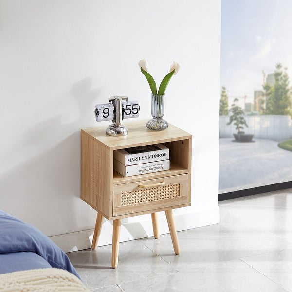 Modern Rattan Side table/Nightstand with 1 Shelf，1 drawer and 4 Solid Wood Legs