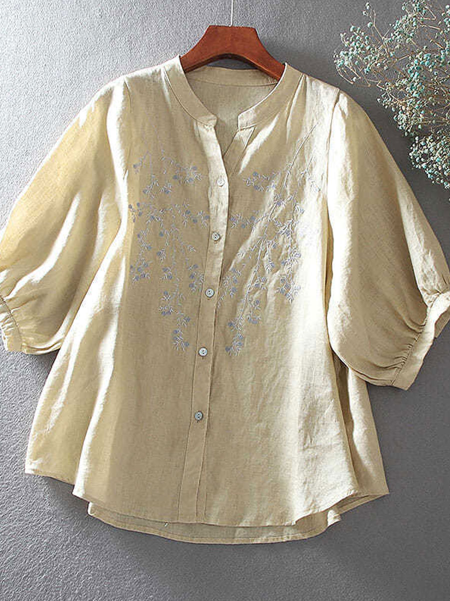 V-neck Loose Casual Embroidered Mid-sleeve Blouse