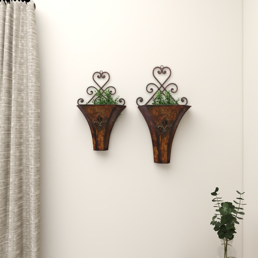 Brown Metal Indoor Outdoor Hanging Scroll Wall Planter (Set of 2)   S/2 22\