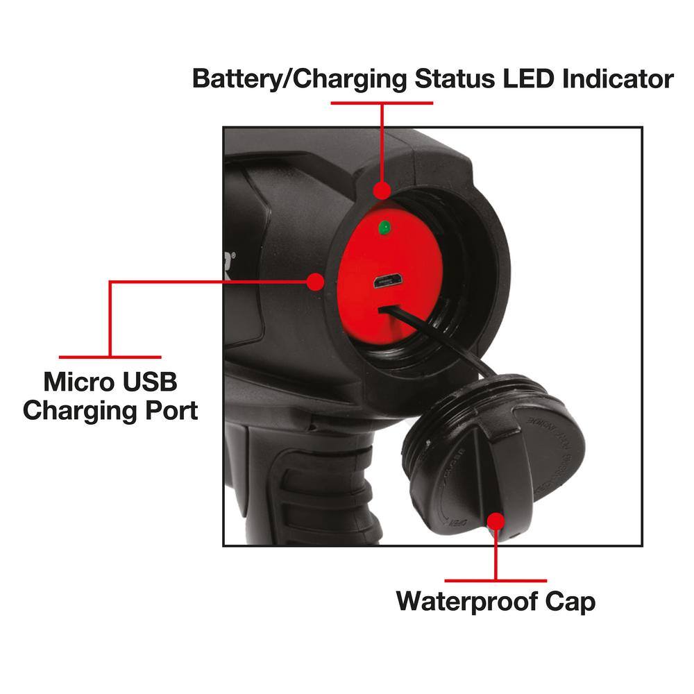 VECTOR 600 Lumen LED Waterproof Handheld Spotlight Rechargeable Includes 120V AC Home Charger and 12V DC Car Charger FL5W10V