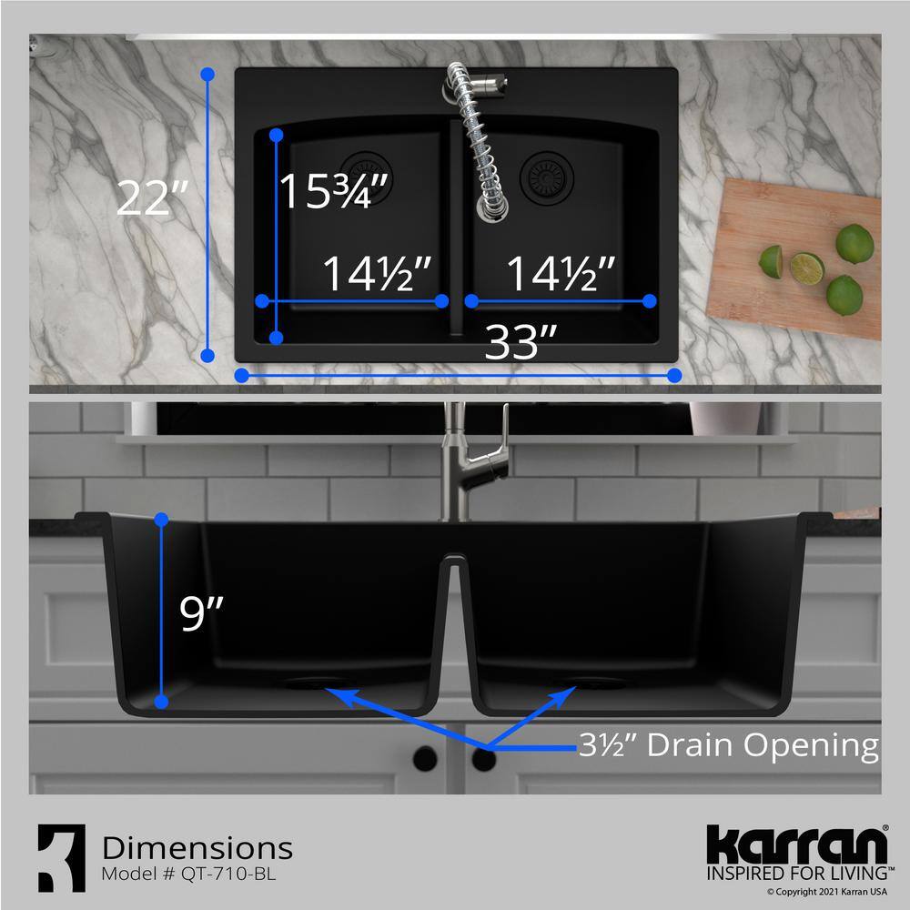 Karran QT- 710 qt. 33 in. 5050 Double Bowl Drop-In Kitchen Sink in Black with Faucet in Stainless Steel QT710BLKKF330SS