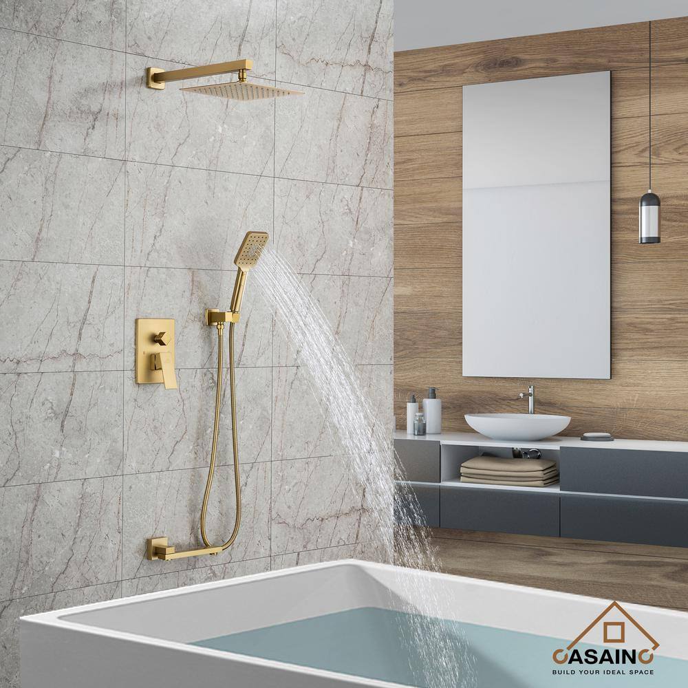 CASAINC 1-Handle 3-Spray Pattern 10 in Wall Mount Shower Head Tub and Shower Faucet Brushed Gold (Valve Included) DB-98103LSJ-10